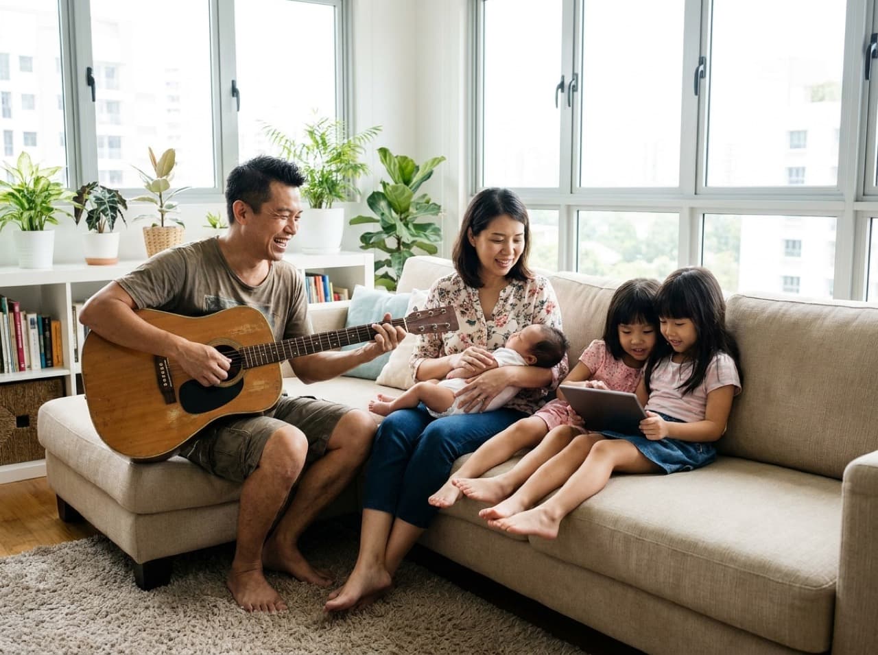 A family at home: a father playing guitar and singing, a mother holding a baby, and two girls nearby.