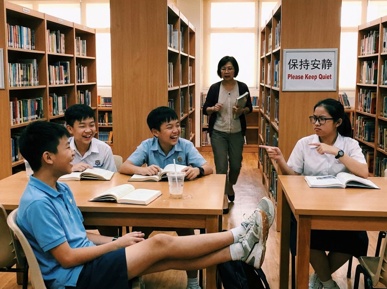 图书馆里几个学生大声说笑,一个女生指着“保持安静”的告示牌提醒他们。