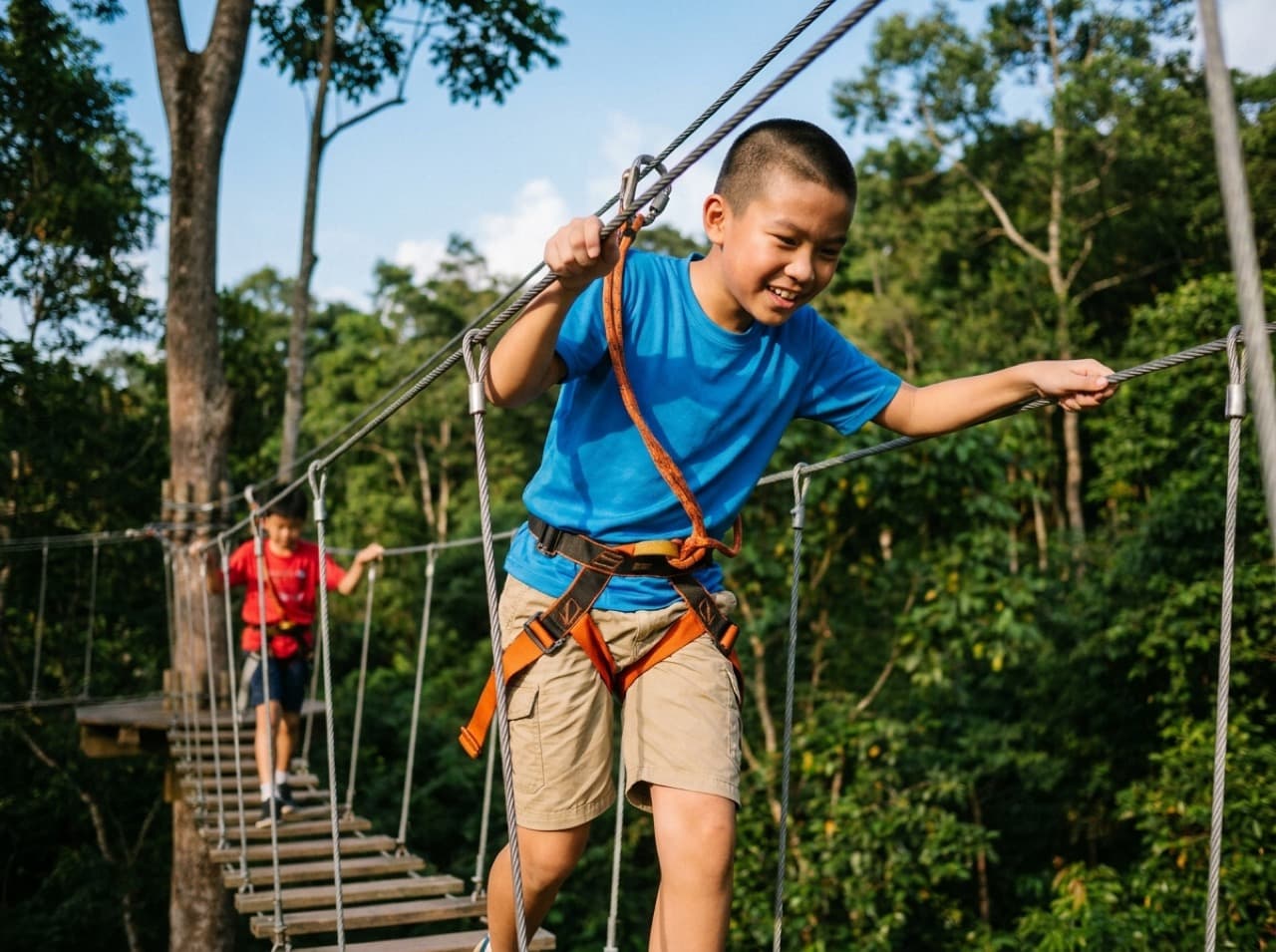 A boy in a harness crossing a high-ropes obstacle course outdoors, with another child behind him.