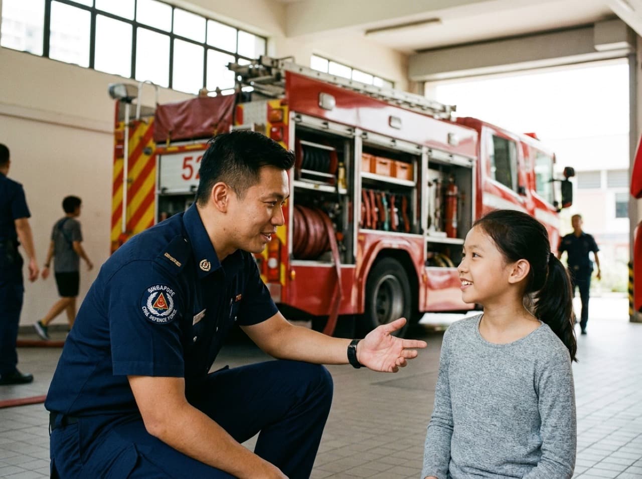 A firefighter in navy uniform crouching to speak with a smiling girl inside a fire station, a red fire engine behind them.