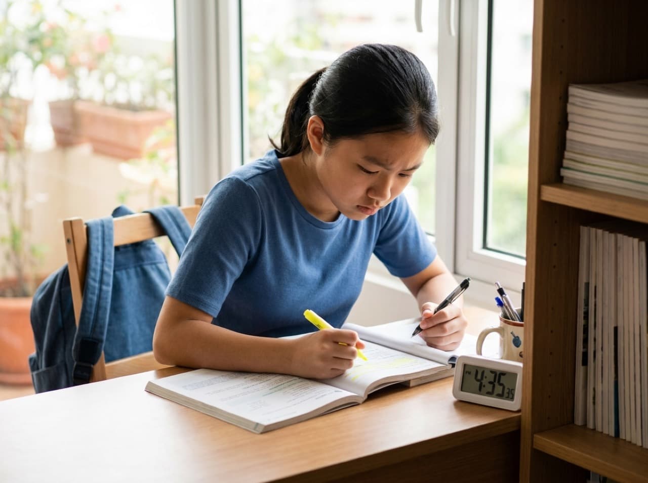 A girl studying at a tidy desk by a window, highlighting a textbook, with a clock and books nearby.